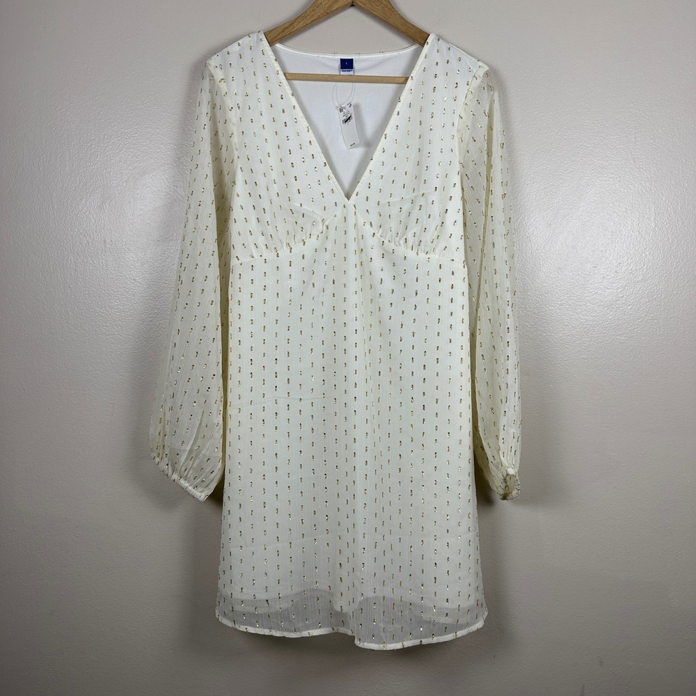 Old Navy Women's L Mini Dress White Gold Metallic Clip Dot Princess Fairy‎ NEW